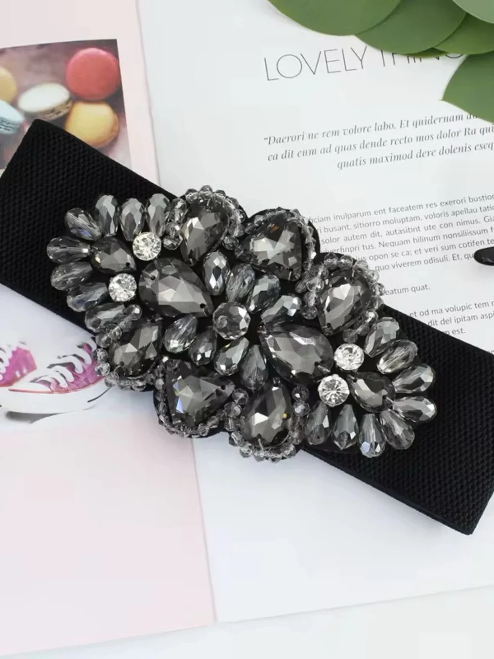 Crystal Flower Elastic Stretch Women's Belt - Black